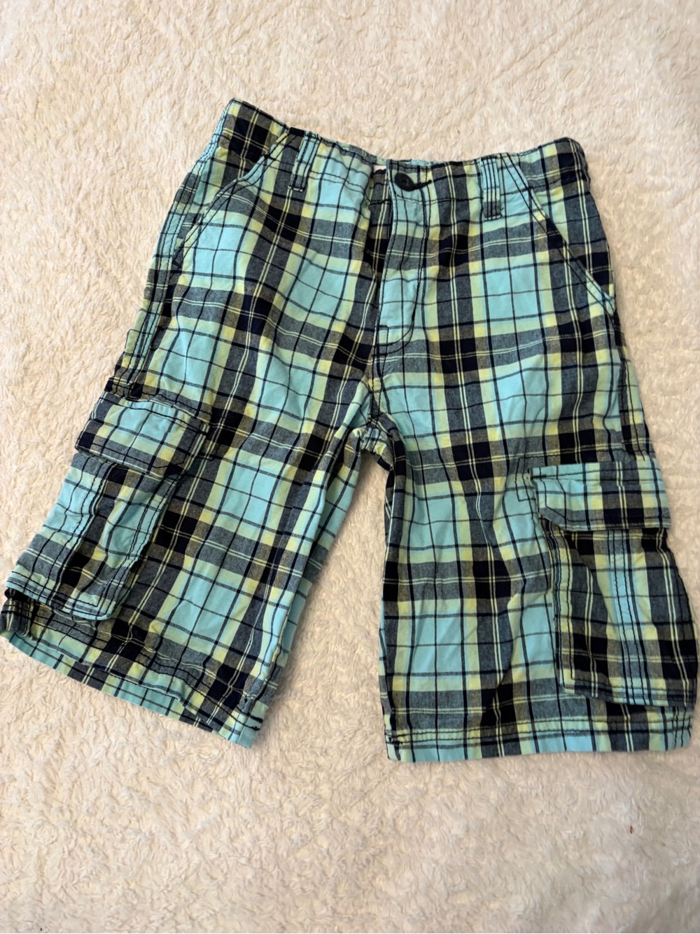Crazy 8 Boys Plaid Cargo Shorts in Light Blue and Black